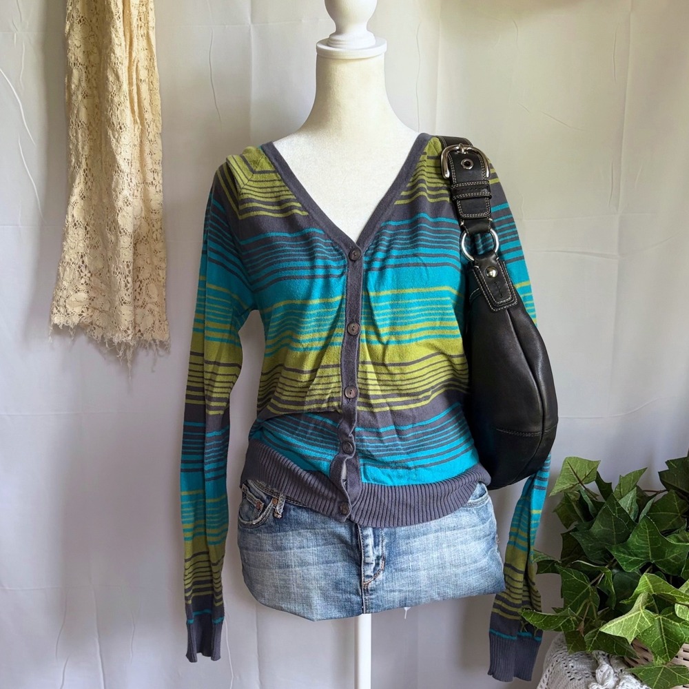 Roxy Y2K Striped V-Neck Button Up Cardigan Sweater Blue Green Grey 0595